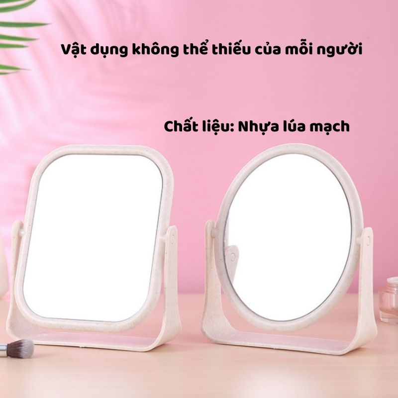 Gương trang điểm lúa mạch để bàn xoay 360 độ tiện lợi, gương 2 mặt hình tròn và vuông decor phòng phong cách hàn quốc