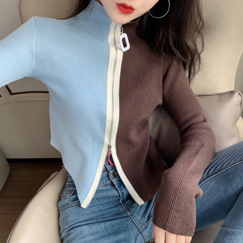 Áo sweater dài tay phối màu có khóa kéo thời trang mùa thu dành cho nữ