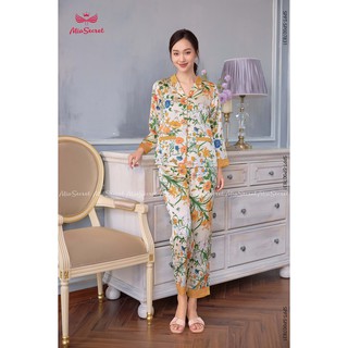 Bộ pijama lụa hoa dây xanh mix vàng