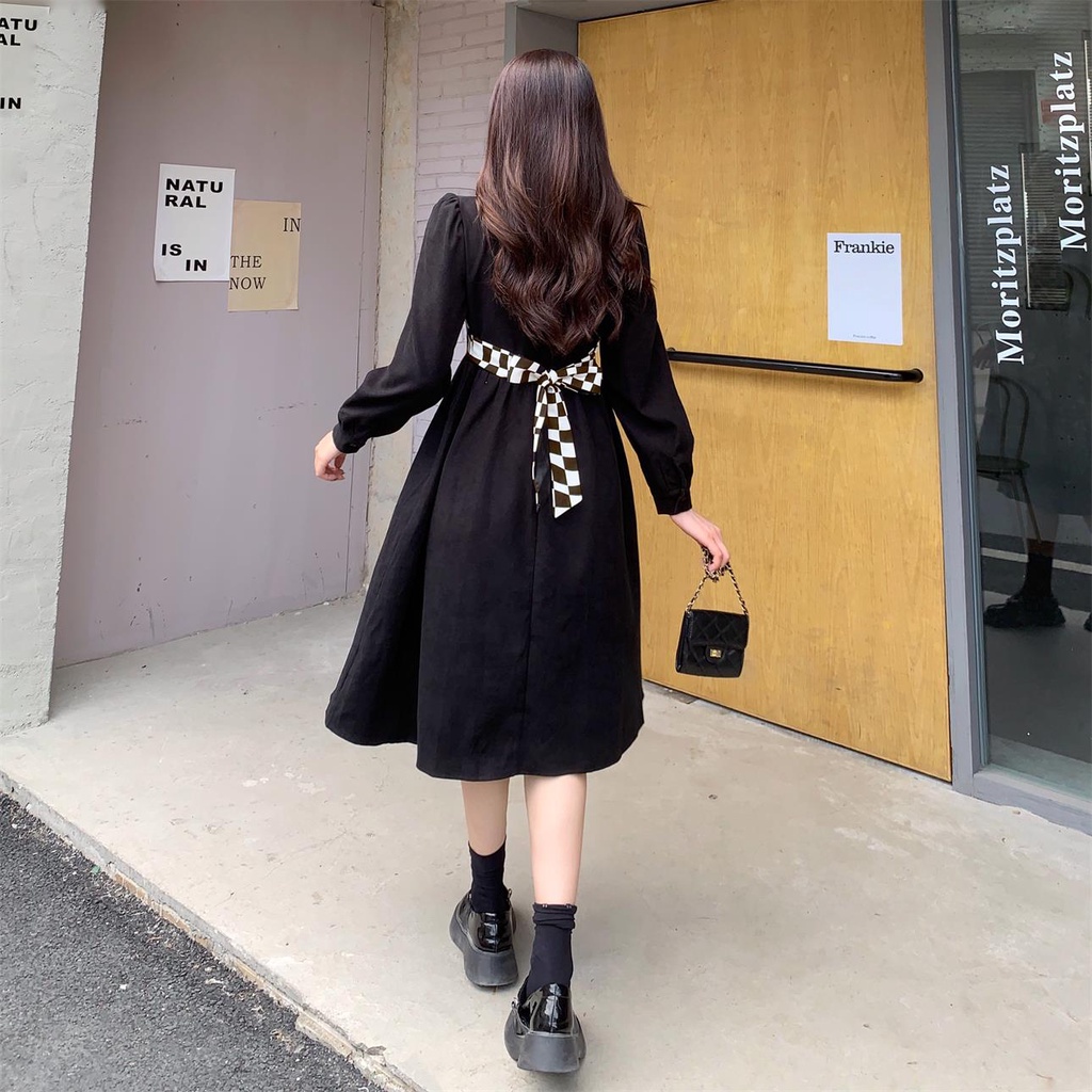 Đầm ZHELIHANGFEI tay dài giả hai lớp nhấn eo phong cách thanh lịch thời trang cho nữ