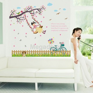 Decal cô bé xích đu kết hợp chân tường B168