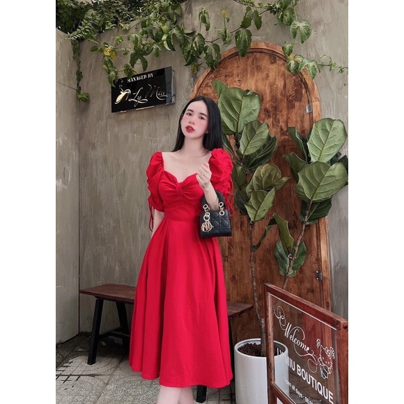 Váy đầm maxi Vintage dáng xoè dự tiệc tay bồng rút dây chất Linenl màu trắng đỏ V206 full size AĐ BOUTIQUE
