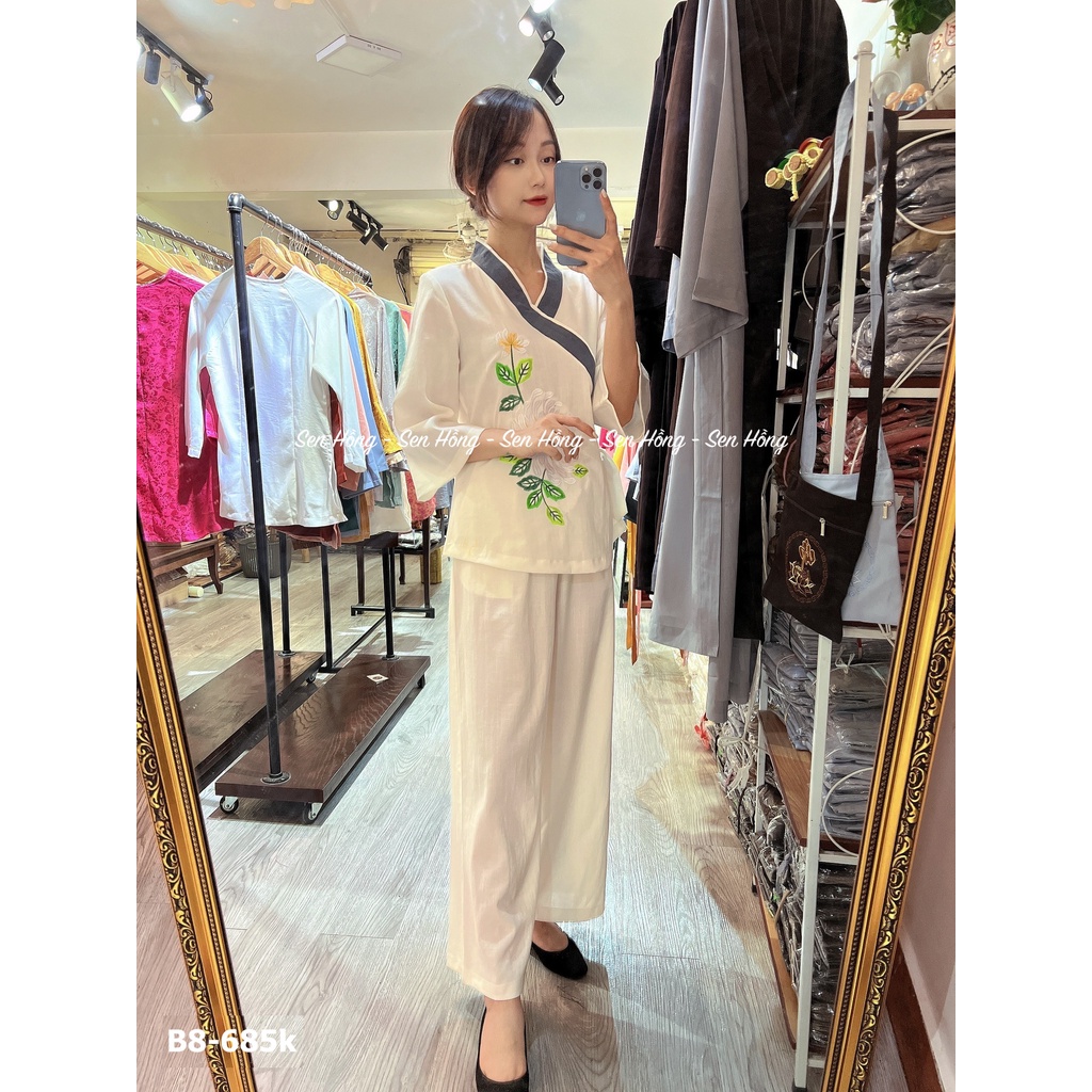 Đồ lam đi chùa cúc thêu thủ công - thời trang Phật tử vải đũi Nhật sang xịn 3 màu đen, tráng, xám