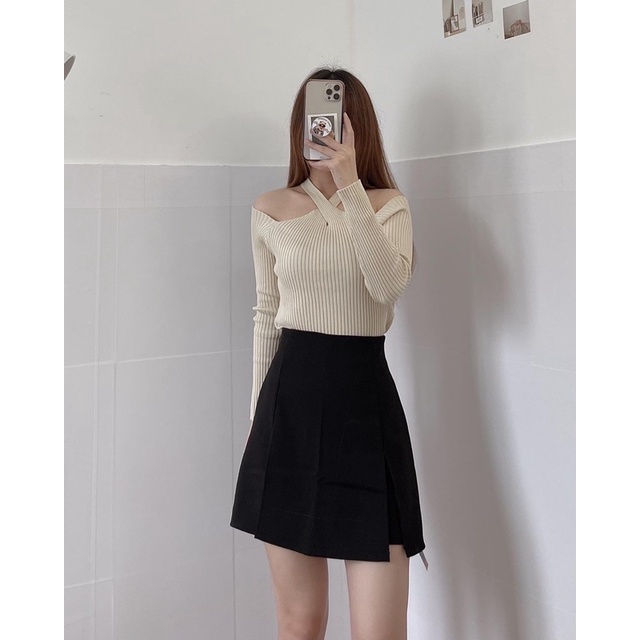 Áo len xoắn cổ, áo trễ vai len tăm gợi cảm  April97 (ảnh thật/ có sẵn)