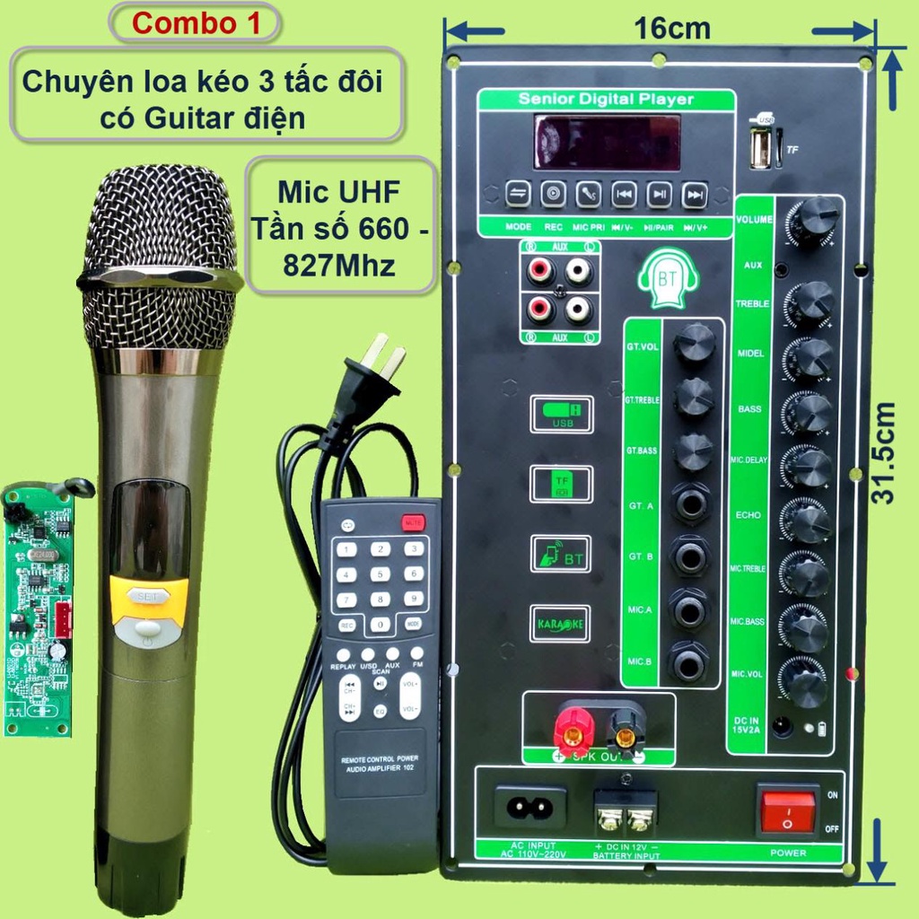 Mạch loa kéo 2 kênh 3 tấc đôi có Guitar điện 2 IC CS8676 120W + 120W có nguồn xung 220V kèm Micro đơn