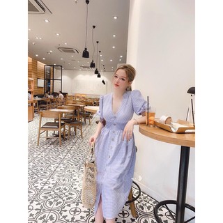 Đầm caro cổ V nơ tay xinh GB12094 mới