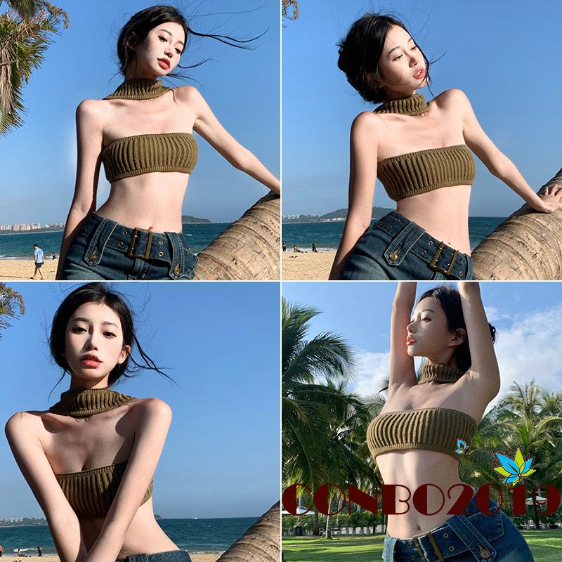 HGM-Women Knitted Halterneck Bandeau Tube Tops Summer Solid Color Sleeveless Backless Crop Tops