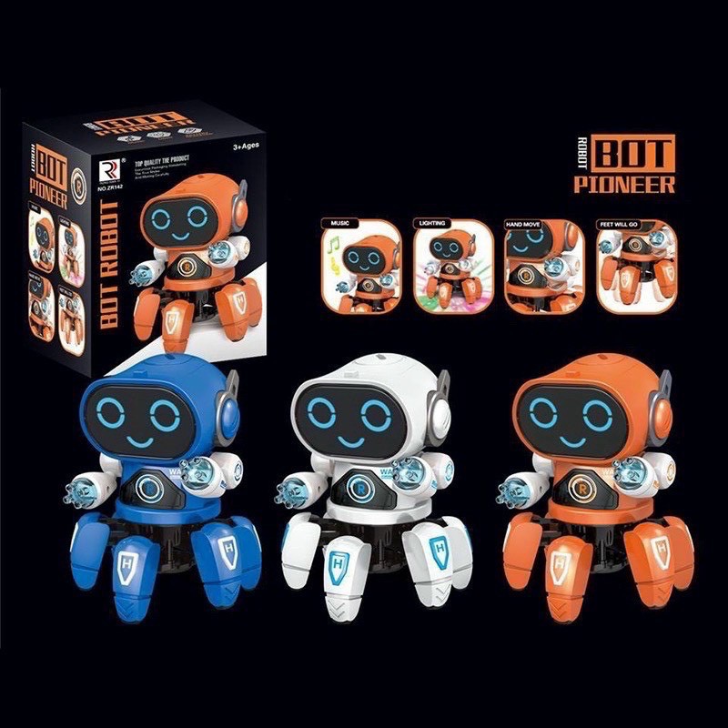 Đồ Chơi Trẻ Em Robot DANCING 6 Chân Tự Phát Nhạc Và Nhảy Múa, Đèn Led Phát Sáng Mắt Và Bụng, Tặng Kèm 3 Pin