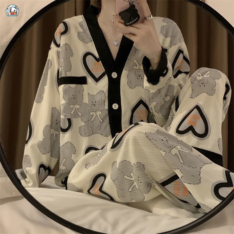Bộ Đồ Ngủ Tay Dài In Hình Gấu Màu Đen Phong Cách Hàn Quốc Thời Trang Xuân Thu Cho Nữ