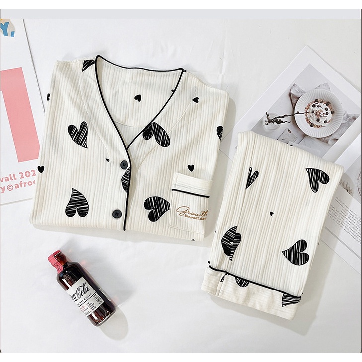 Bộ đồ ngủ dài tay dễ thương thu đông bigsize mặc nhà vải cotton phong cách Cardigan, bầu bì bon chen ok | BigBuy360 - bigbuy360.vn