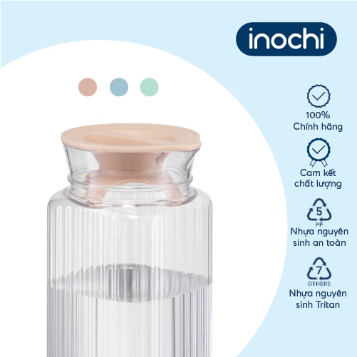 Bình nước Inochi - Yama 1.2L, 1.3L thân Trắng trong + nắp Xanh nhạt/Xanh trà/Hồng đậm