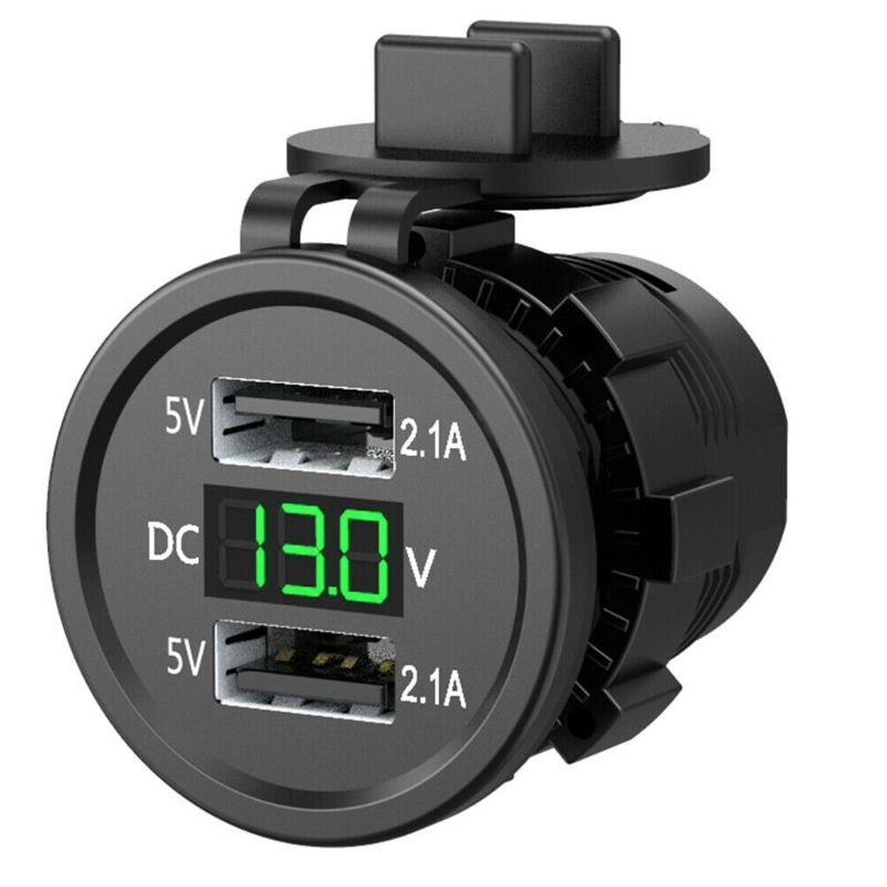 Củ sạc 5V 2.1A hai cổng USB chống nước với vôn kế hiển thị điện áp cho xe hơi/ xe máy/ tàu thuyền 12-24V