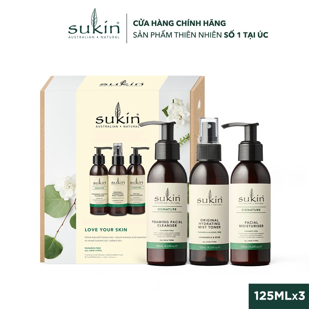 Hộp Quà Sukin Pack Love Your Skin Dưỡng Ẩm Da Sữa Rữa Mặt 125ml + Nước Hoa Hồng Phun Sương 125ml + Kem Dưỡng Ẩm 125ml | BigBuy360 - bigbuy360.vn