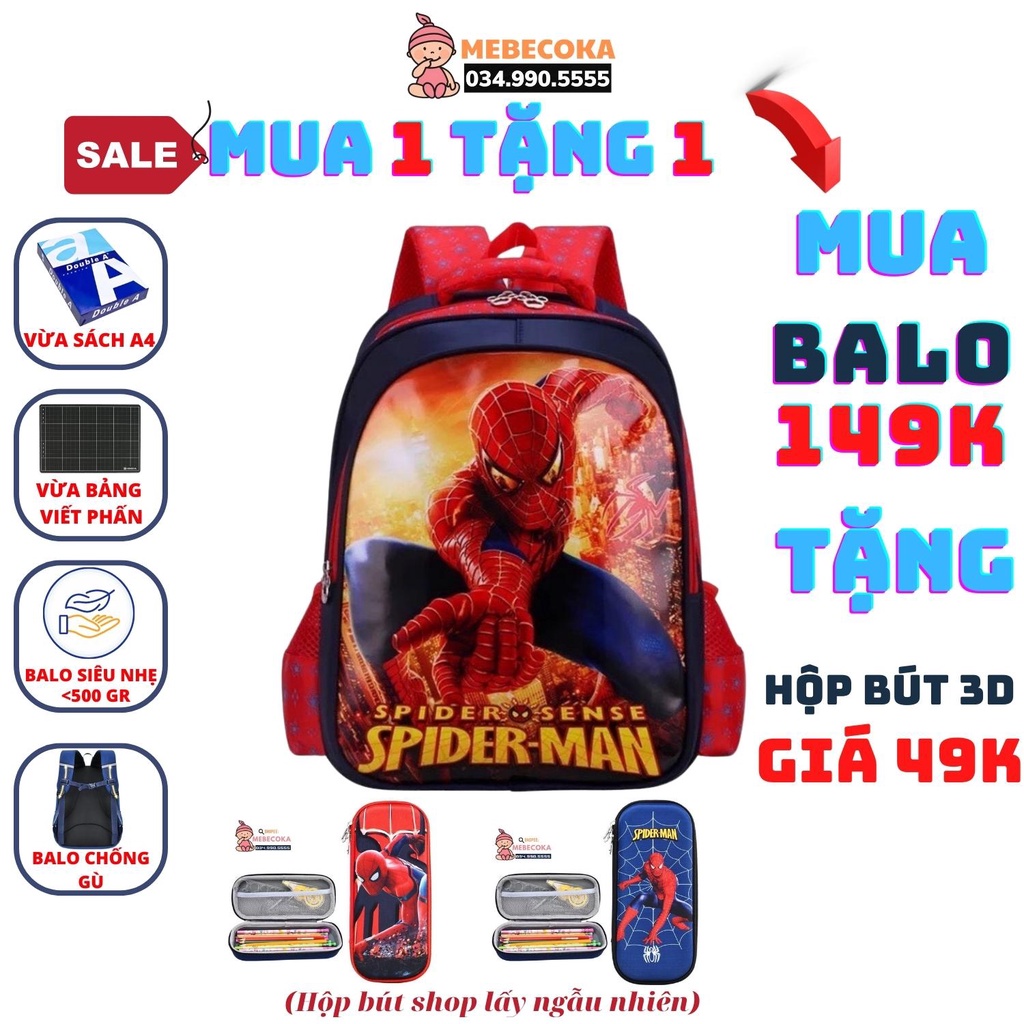 [TẶNG HỘP BÚT] Ba lô học sinh tiểu học bé trai lớp 1 đến lớp 3, họa tiết SIÊU NHÂN NHỆN size 38cm