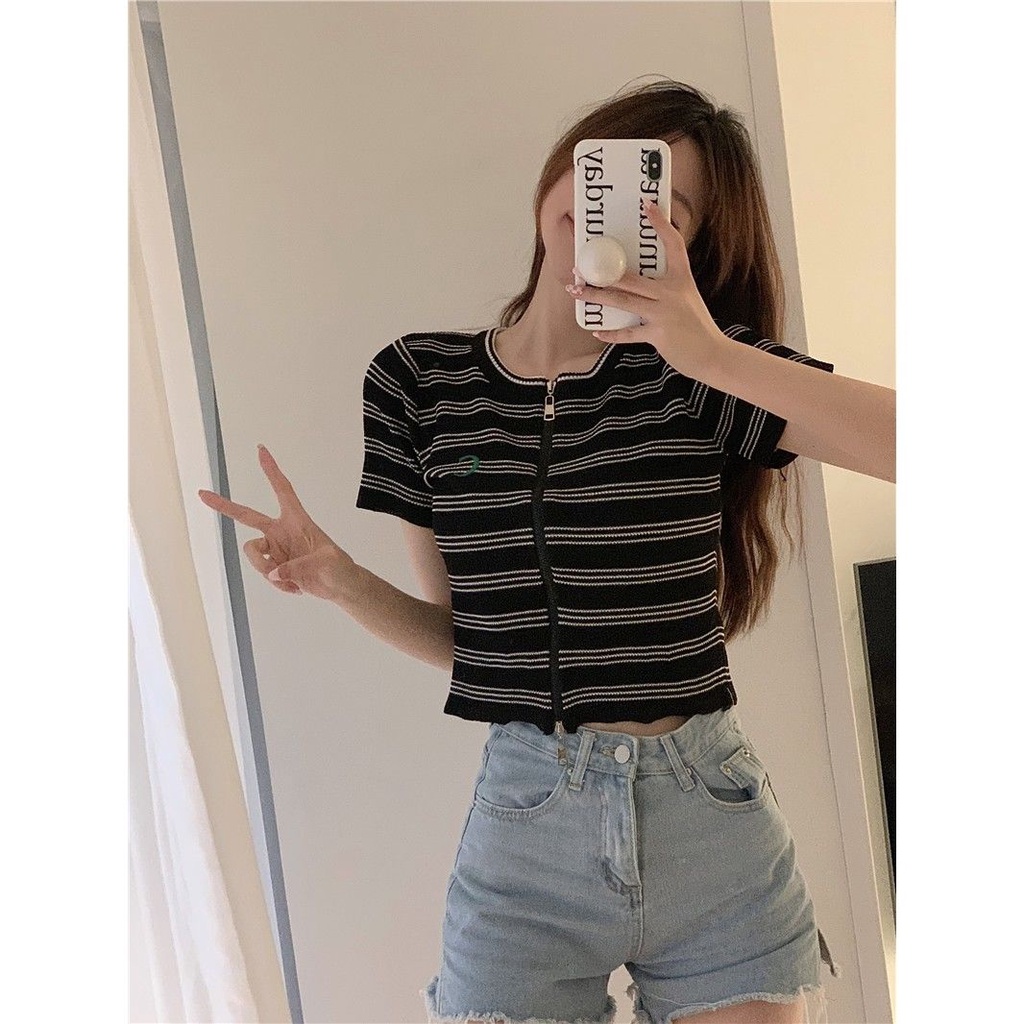 Áo Cardigan Dệt Kim Tay Ngắn Họa Tiết Kẻ Sọc Thời Trang Mùa Hè Xinh Xắn Cho Nữ