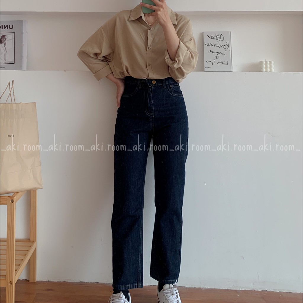 Quần jeans ống suông chất không co giãn Fanegu 3500 (xanh đậm)