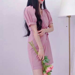 Đầm hồng cổ V đắp tà (kèm hình thật)
