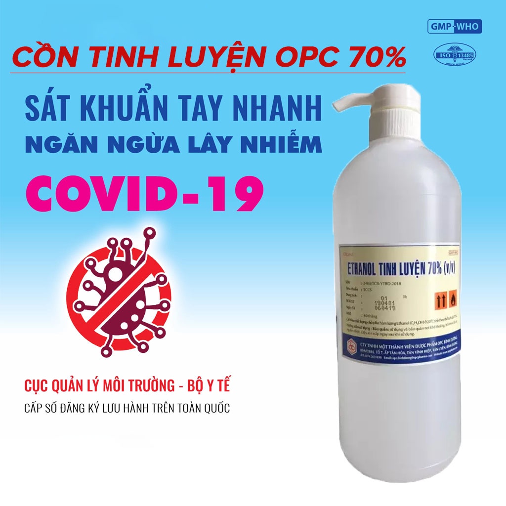 [TĂNG GEL OPC 100ML]CỒN rủa tay ETHANOL 70 ĐỘ chai 1l, Nước rửa tay khô diệt khuẩn ( SP CTY DƯỢC- OPC) CHAI 1L tặng gel
