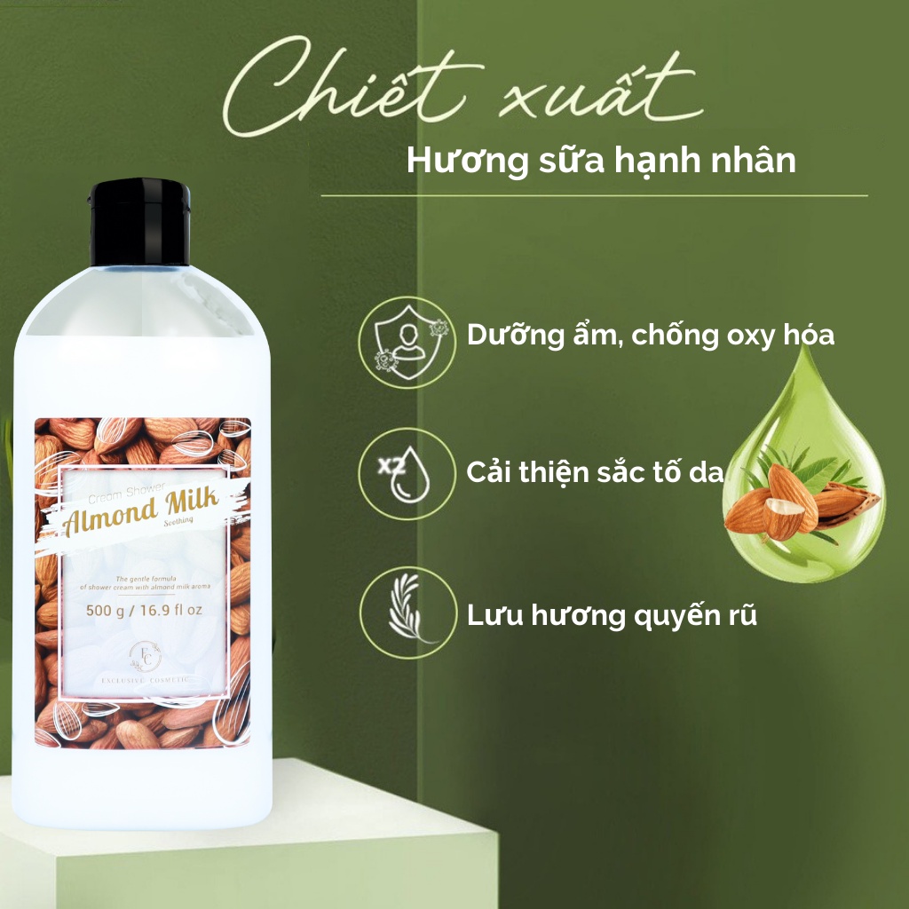 Sữa tắm chiết xuất quả và tinh dầu hạnh nhân EXCLUSIVE COSMETIC Cream Shower Almond Milk 500ml