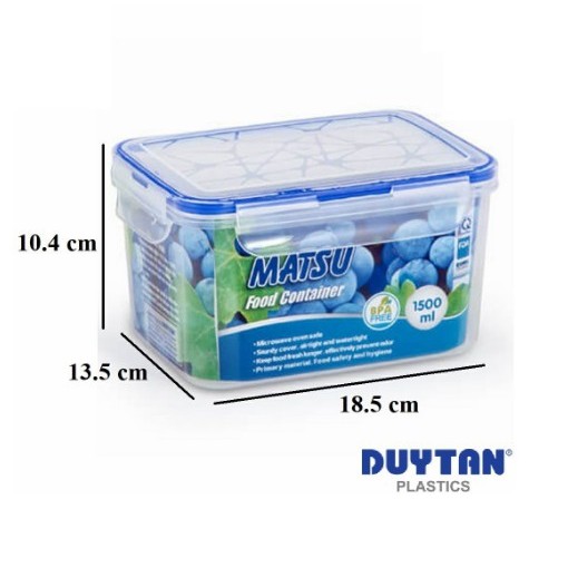 Hộp đựng thực phẩm chữ nhật nhựa DUY TÂN Matsu 1500ml (18.5 x 13.5 x 10.5 cm) - 03208