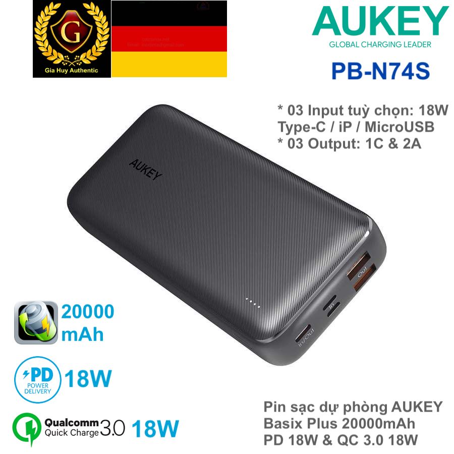 Pin sạc dự phòng AUKEY PB-N74S Basix Plus 20000mAh PD 3.0 18W & SCP 22.5W/ QC 3.0 18W (3 Output, 3 Input)