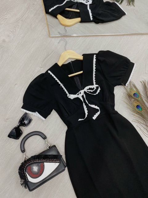 đầm đen tay phồng chạy ren | BigBuy360 - bigbuy360.vn