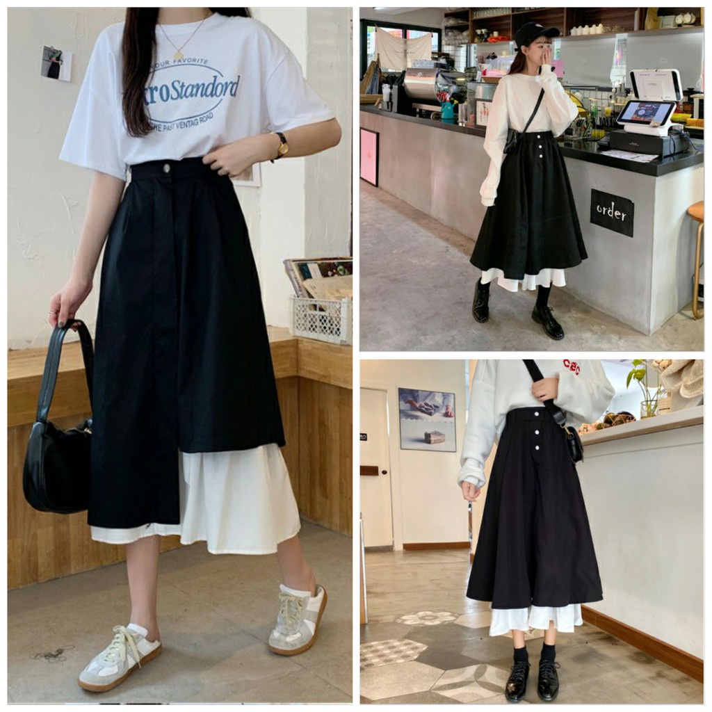 CHÂN VÁY XÒE KIỂU VẠT LỆCH ULZZANG HOT MÀU ĐEN TRẮNG BASIC