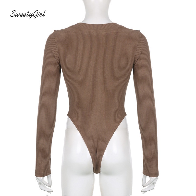 MsMona Áo Liền Thân Dệt Kim Tay Dài Cổ Chữ V Màu Nâu Trơn Cài Nút Thời Trang 2022 Quyến Rũ Dành Cho Nữ