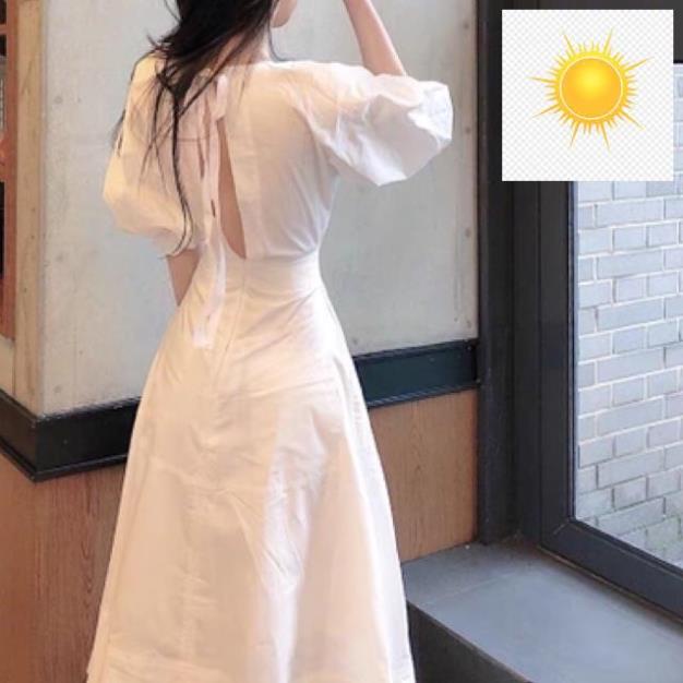 🍒☘ (Ảnh thật) Váy maxi trắng cổ V hở lưng tay phồng dáng xoè dài midi boho du lịch tiểu thư sang trọng dự tiệc 🍒☘