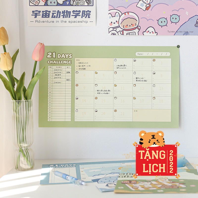 Poster dán tường 21 DAYS habit tracker ảnh dán tường cute dễ thương phụ kiện dồ dùng decor trang trí bàn học phòng ngủ