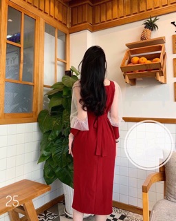 Đầm Đỏ Dáng Dài Tay Phồng