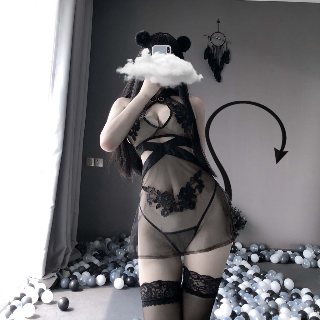 Cupid#【Có Sẵn】Bộ đồ ngủ sexy ren mới, đồ lót sexy dành cho người lớn, sườn xám, trang phục xuyên thấu, đồ ngủ dây lưới c