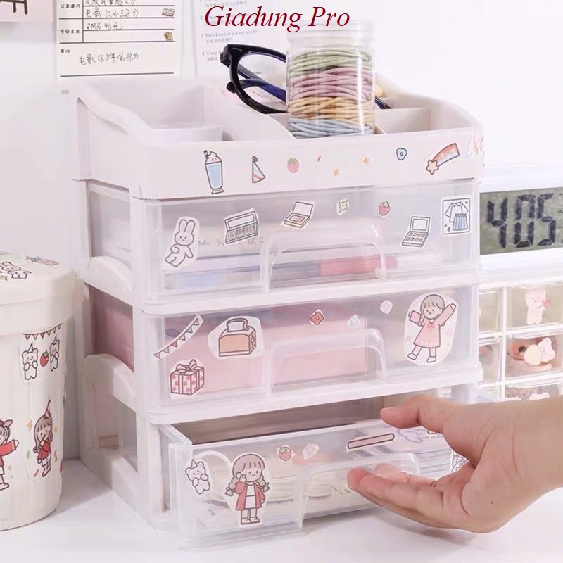 Tủ Nhựa Mini 3 Tầng Để Bàn Đựng Mỹ Phẩm/ Tủ Đựng Đồ Trang Sức, Đồ Dùng Học Tập, Có Ngăn Kéo, Kèm Sticker