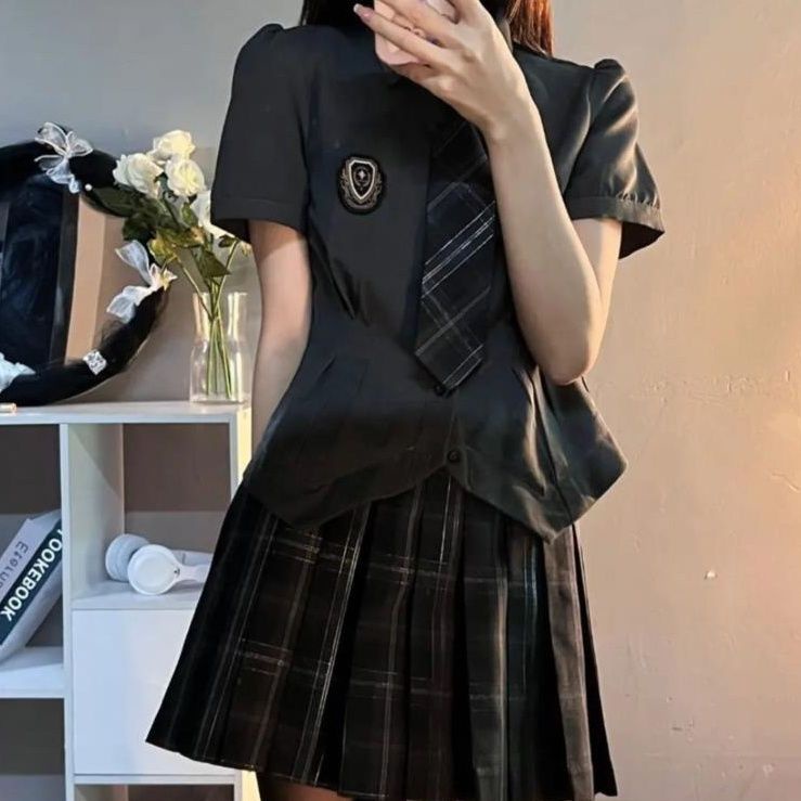 Jiashucheng JK Bộ Đồng Phục Áo Sơ Mi Thắt Eo Hẹp Không Đều + Chân Váy Xếp Ly Kẻ Sọc Caro Nóng Bỏng Cho Nữ