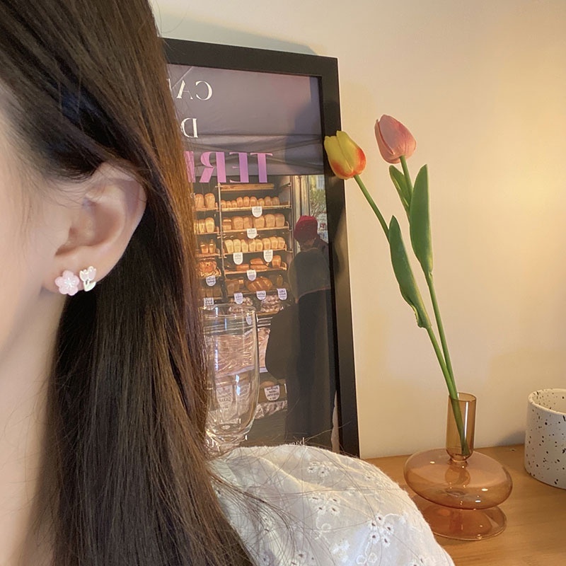 Bộ 4 Đôi Bông Tai Hình Hoa Tulip / Gấu / Trái Tim / Nơ Màu Hồng Dễ Thương Tinh Tế Cho Nữ