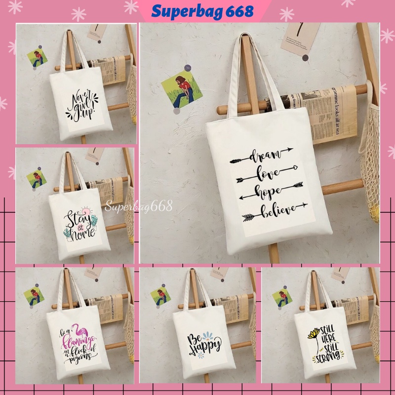 Túi tote vải canvas Hàn Quốc hoạ tiết chữ in sắc nét đựng vừa A4 laptop đi chơi đi học Superbag668 HQ215