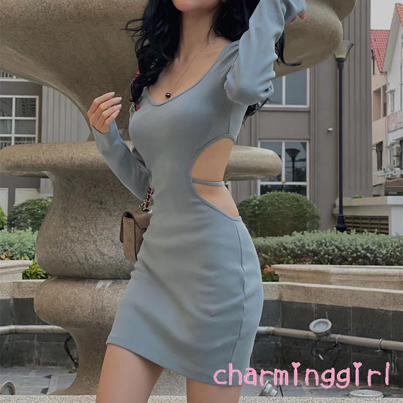 CHM-Women´s Short Bodycon Dress Solid Color Back Hollow-Out Long Sleeve Low-Cut Dress Spring Wrapped Hip Dress