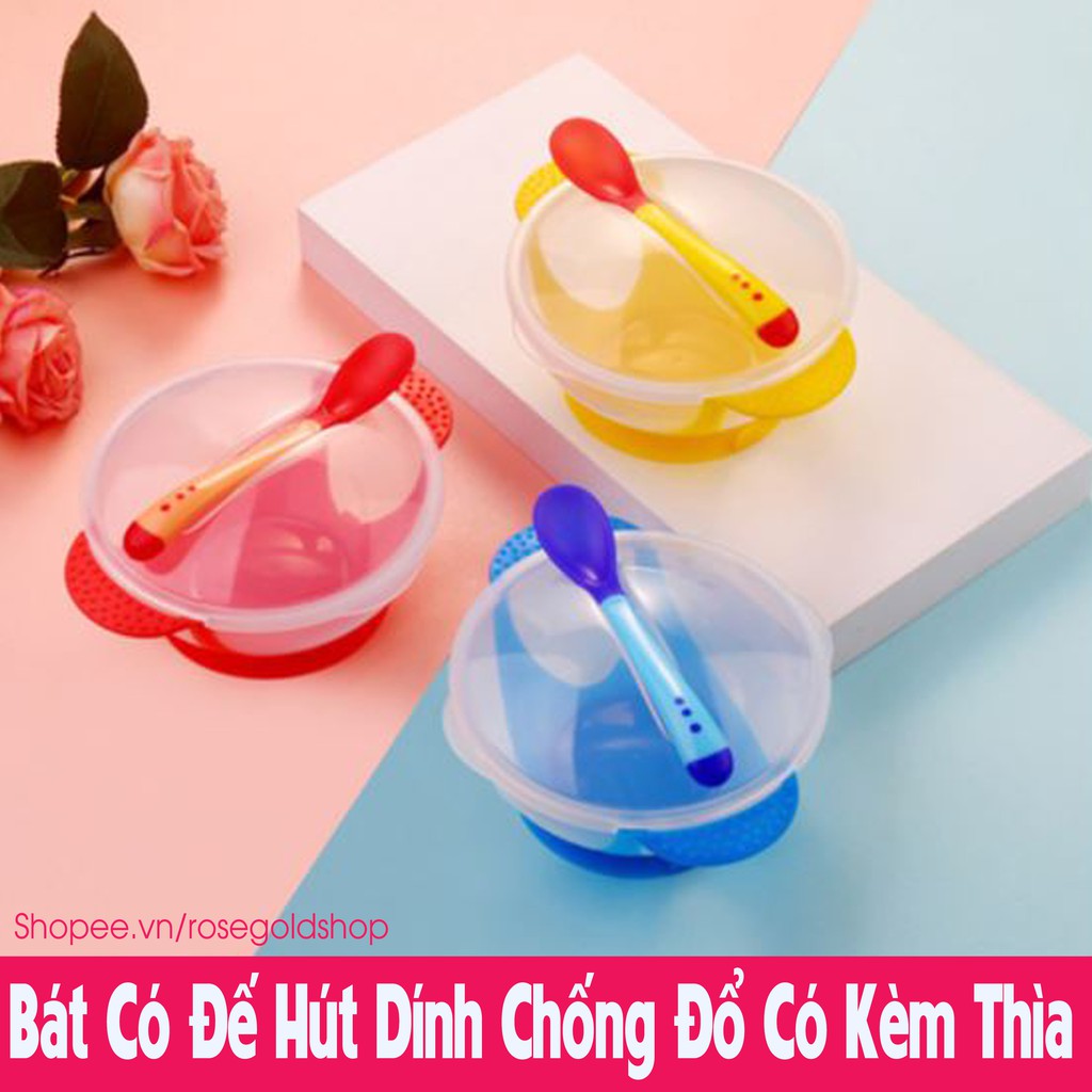 Bát Ăn Dặm Có Đế Hút Dính Chống Đổ Có Kèm Thìa Báo Nóng