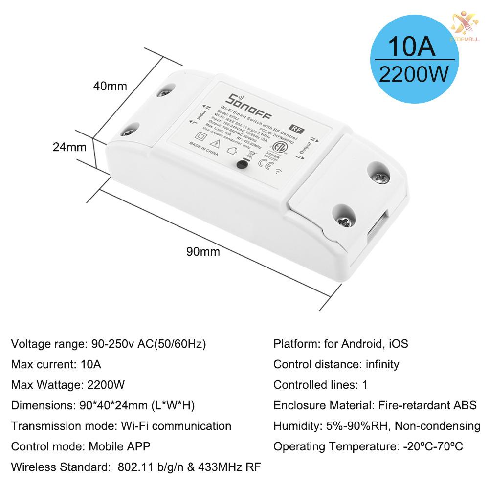 ET SONOFF RF  Wifi Switch RF 433MHz Compatible with Alexa for Google Home 10A/2200W Wireless Switch with Timing Function Remote Controller for Android/IOS APP Control for Electric Appliances Universal Smart Home Automation Module