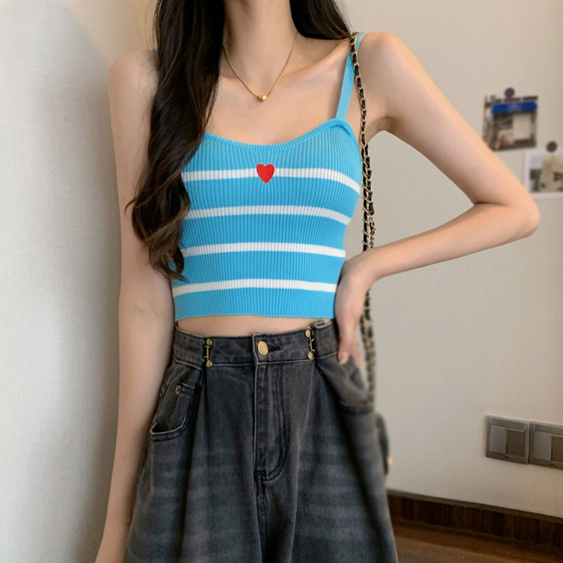 Áo Croptop Dệt Kim Cổ Chữ V Thêu Họa Tiết Trái Tim Thời Trang Cho Nữ