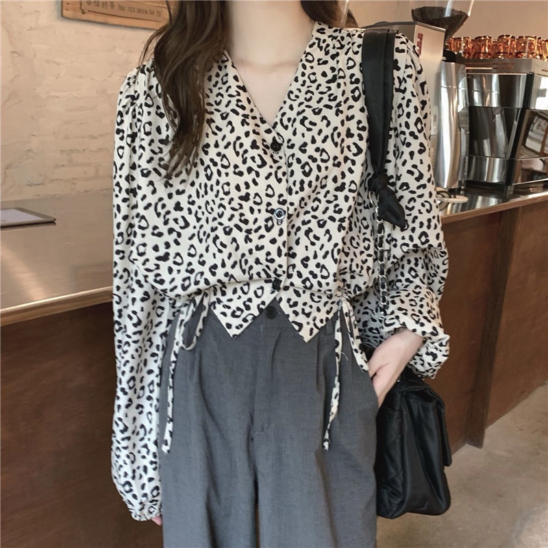 Áo sơ mi cổ chữ V họa tiết da báo thời trang dành cho nữ