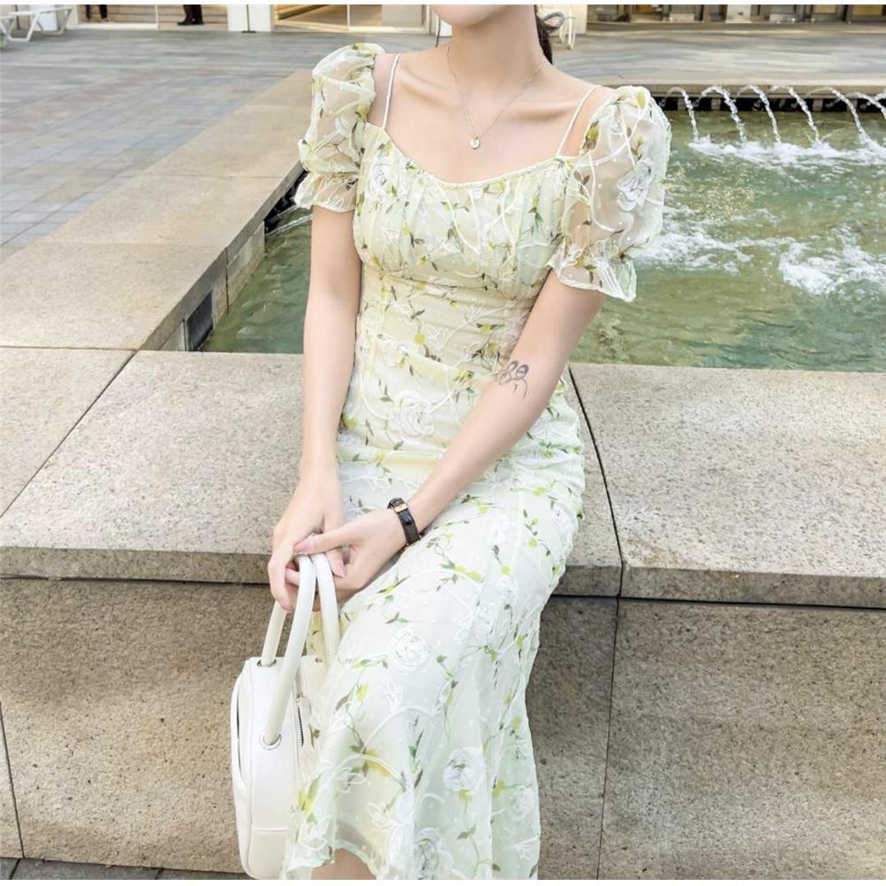 Phong cách mới Platycodon grandiflorum tình yêu đầu tiên ngọt ngào cổ tích siêu tay phồng áo liền váy hoa