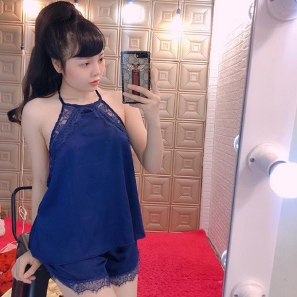 Đồ ngủ sexy ❣️FREE SHIP❣️ Đồ ngủ yếm cột dây ren mi sexy lụa satin cao cấp freesize <60kg | BigBuy360 - bigbuy360.vn