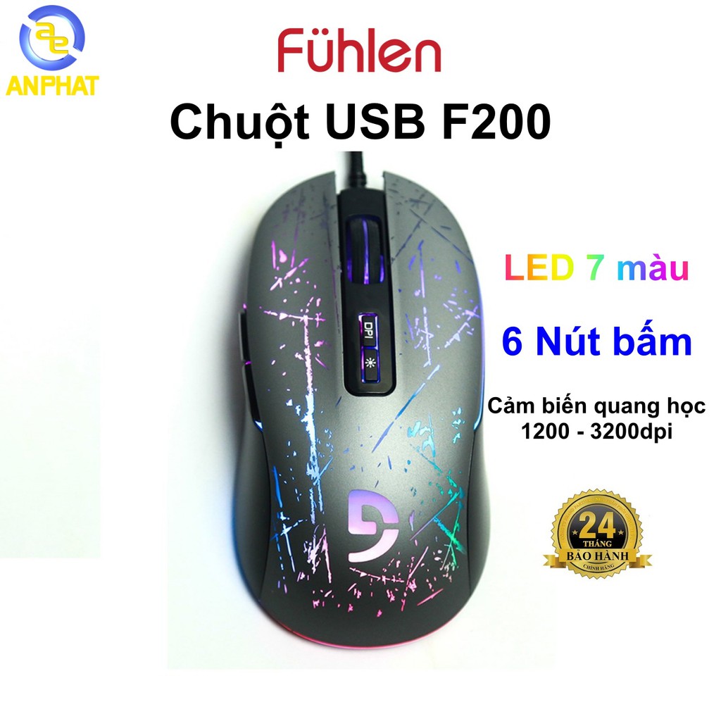 Chuột Gaming USB Fuhlen F200 (Led 7 màu, cảm biên 3200dpi,  dây dù chống đứt, 10 triệu click)