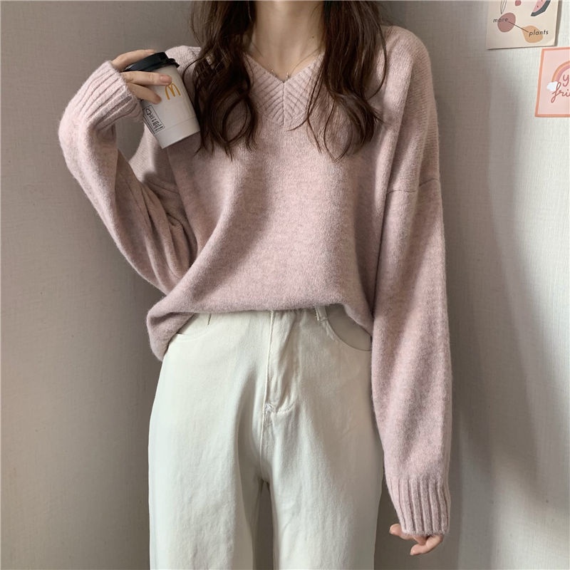 Áo Sweater Trơn Tay Dài Cổ Chữ V Dáng Rộng Phong Cách Thời Trang Hàn Quốc