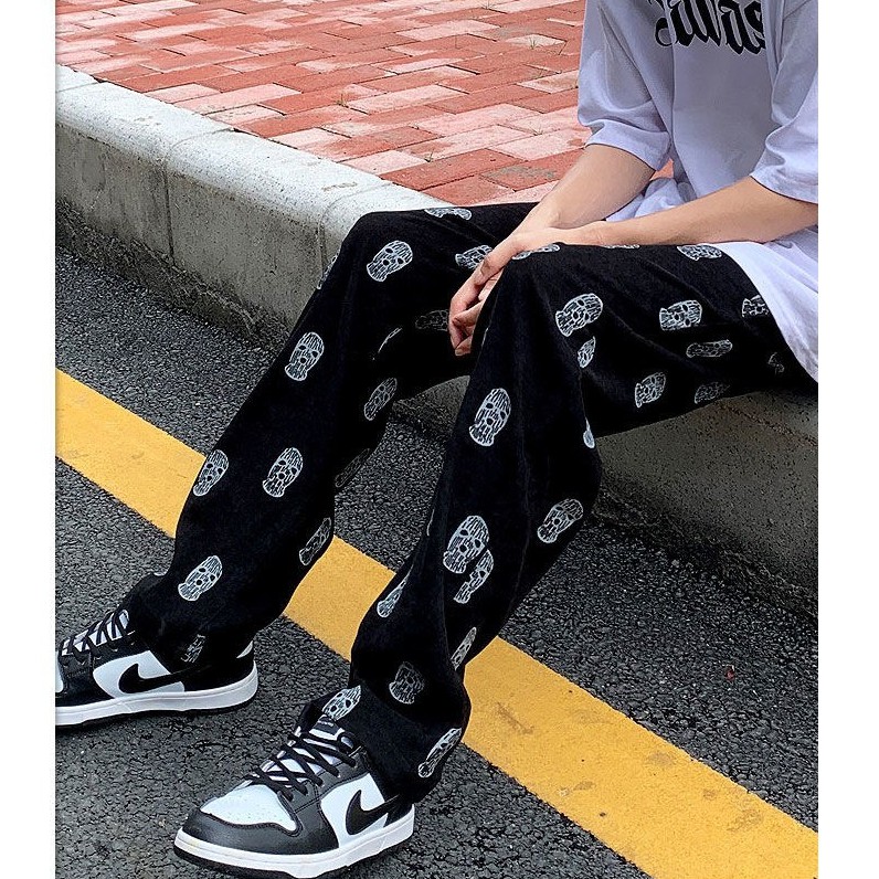Quần nỉ nhung ống rộng unisex họa tiết đường phố hiphop