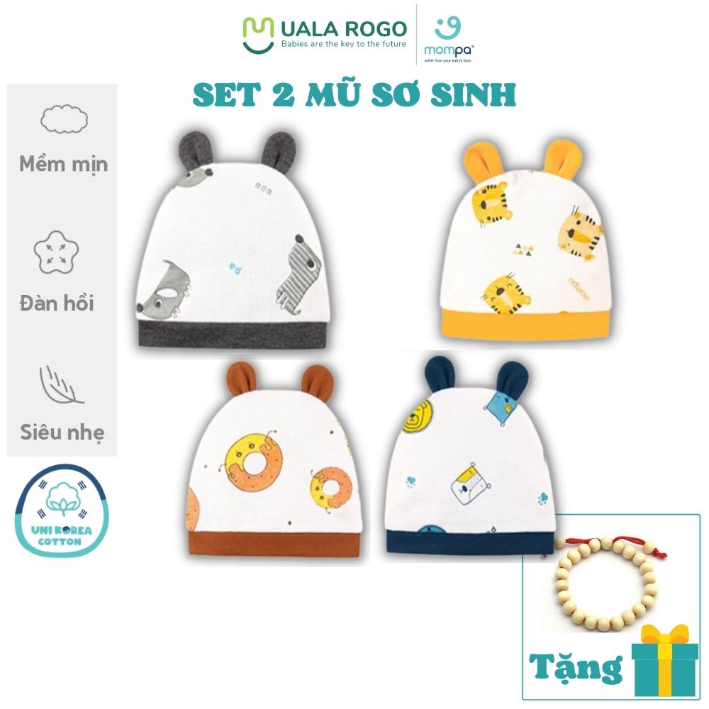 Mũ sơ sinh Set 2 chiếc Mompa vải cotton bảo vệ thóp che đầu che tai bé co giãn thấm hút thông thoáng 026