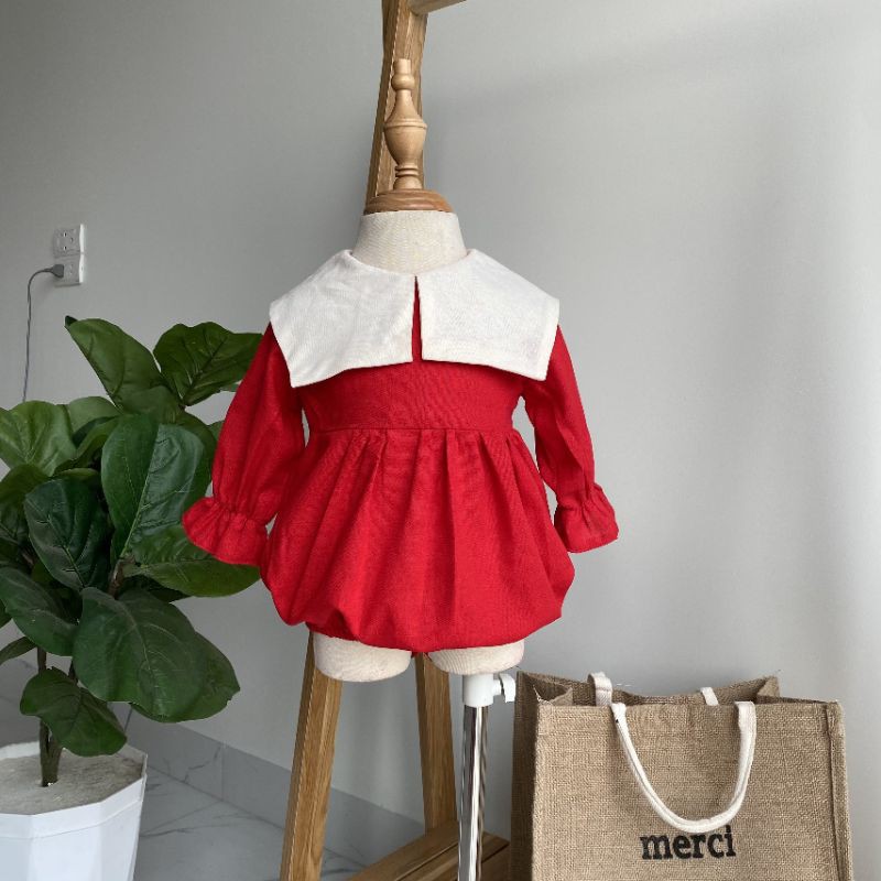[ Hàng Thiết Kế ] Bodysuit cho bé - Váy đầm đỏ linen cổ thủy thủ- Thời trang tết cho bé gái