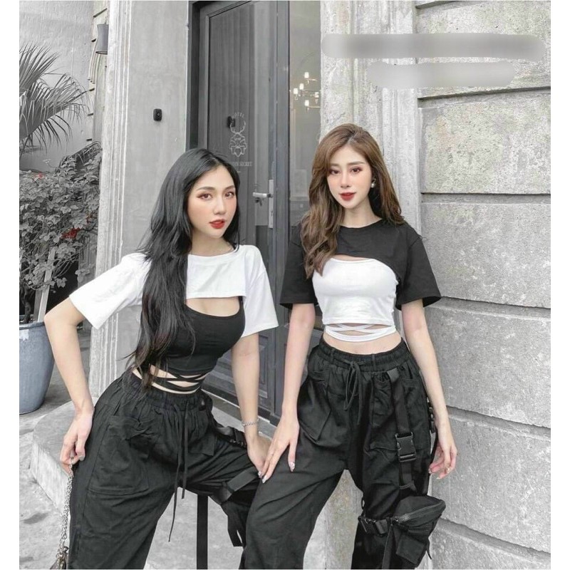 Set áo croptop+áo 2 dây buộc eo cực xinh [HOT NHẤT] chất cotton siêu xịn