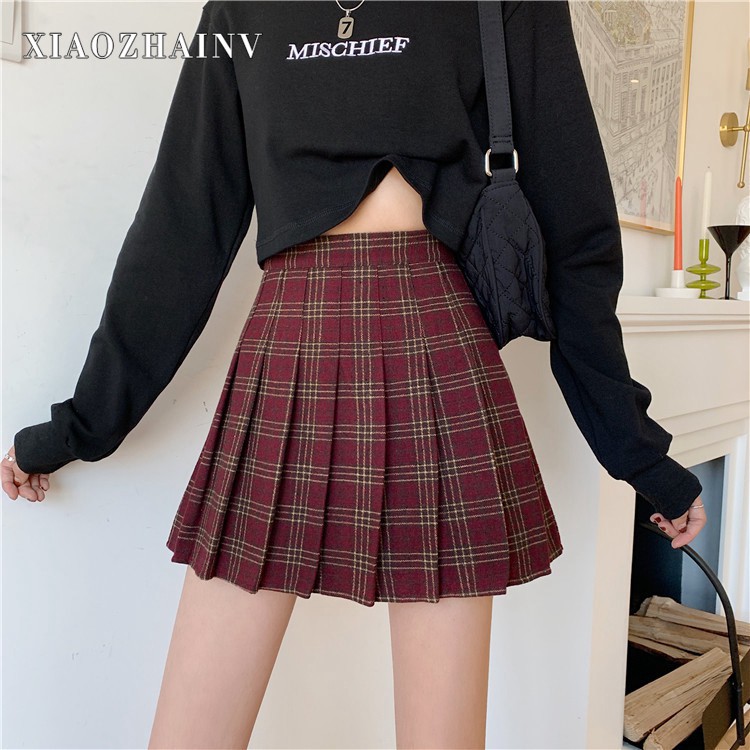 Chân Váy Xiaozhainv Chữ A Eo Cao Hoa Văn Kẻ Ô Phối Xếp Li Phong Cách Hàn Quốc Thời Trang